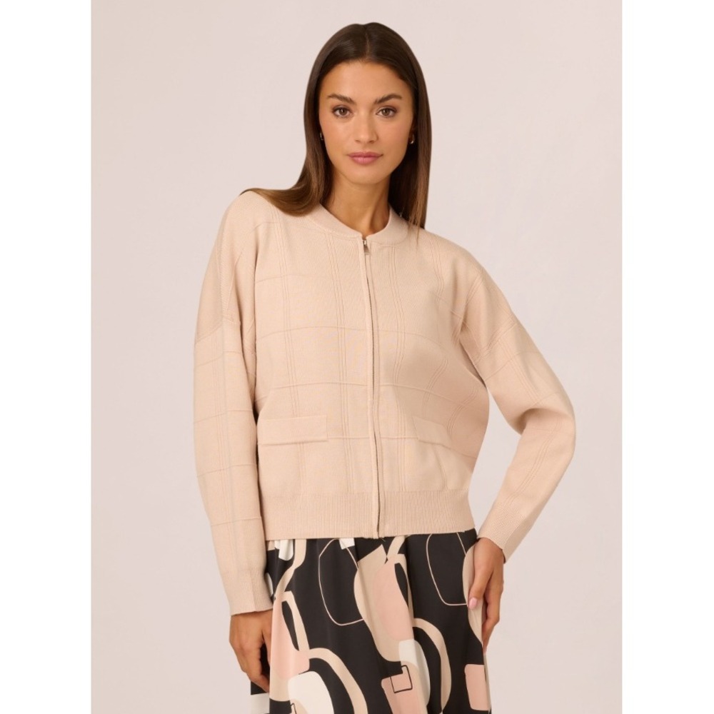 Adrianna Papell Large Cream Mauve Relaxed Zip Up Knit Plaid Textured Jacket